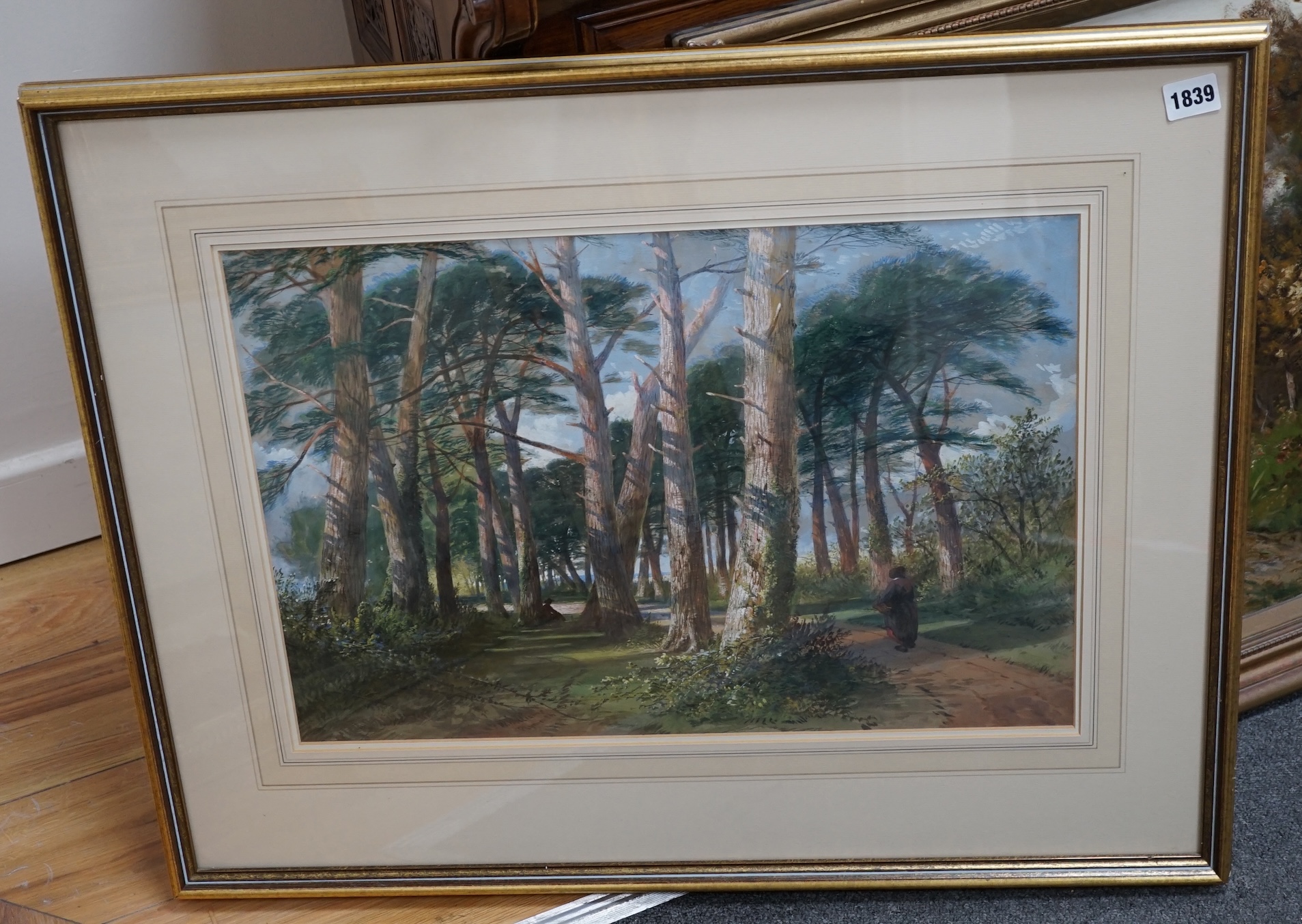 William Williams of Plymouth (1808-1895), watercolour, ‘tree lined pathway’, signed, 35 x 52.5cm. Condition - fair